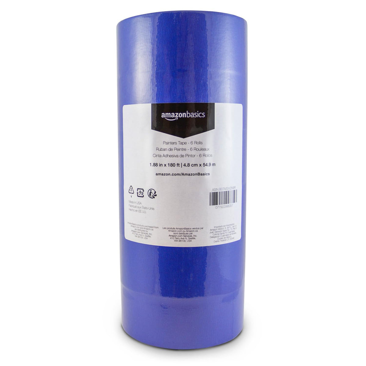 Amazon Basics blue painter's tape on wall creates crisp masking edge for clean lines