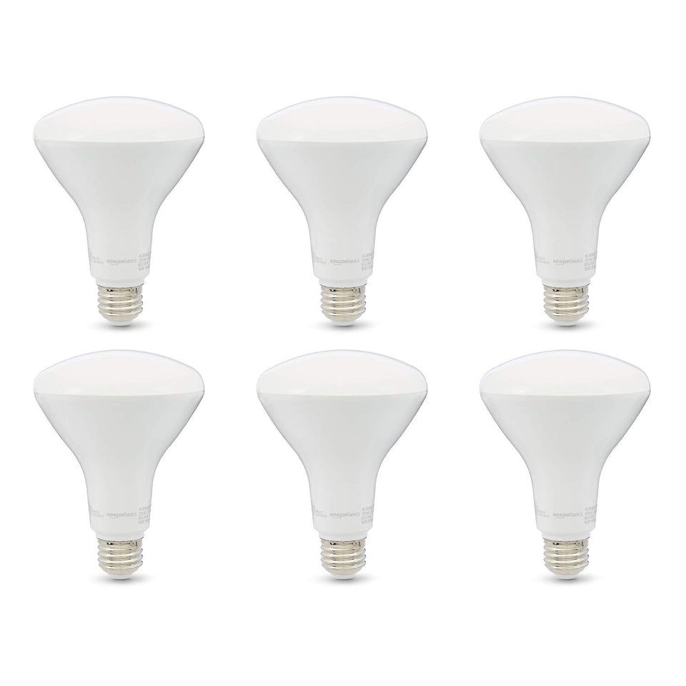 Amazon Basics BR30 LED bulb in a recessed fixture providing warm, dimmable lighting.