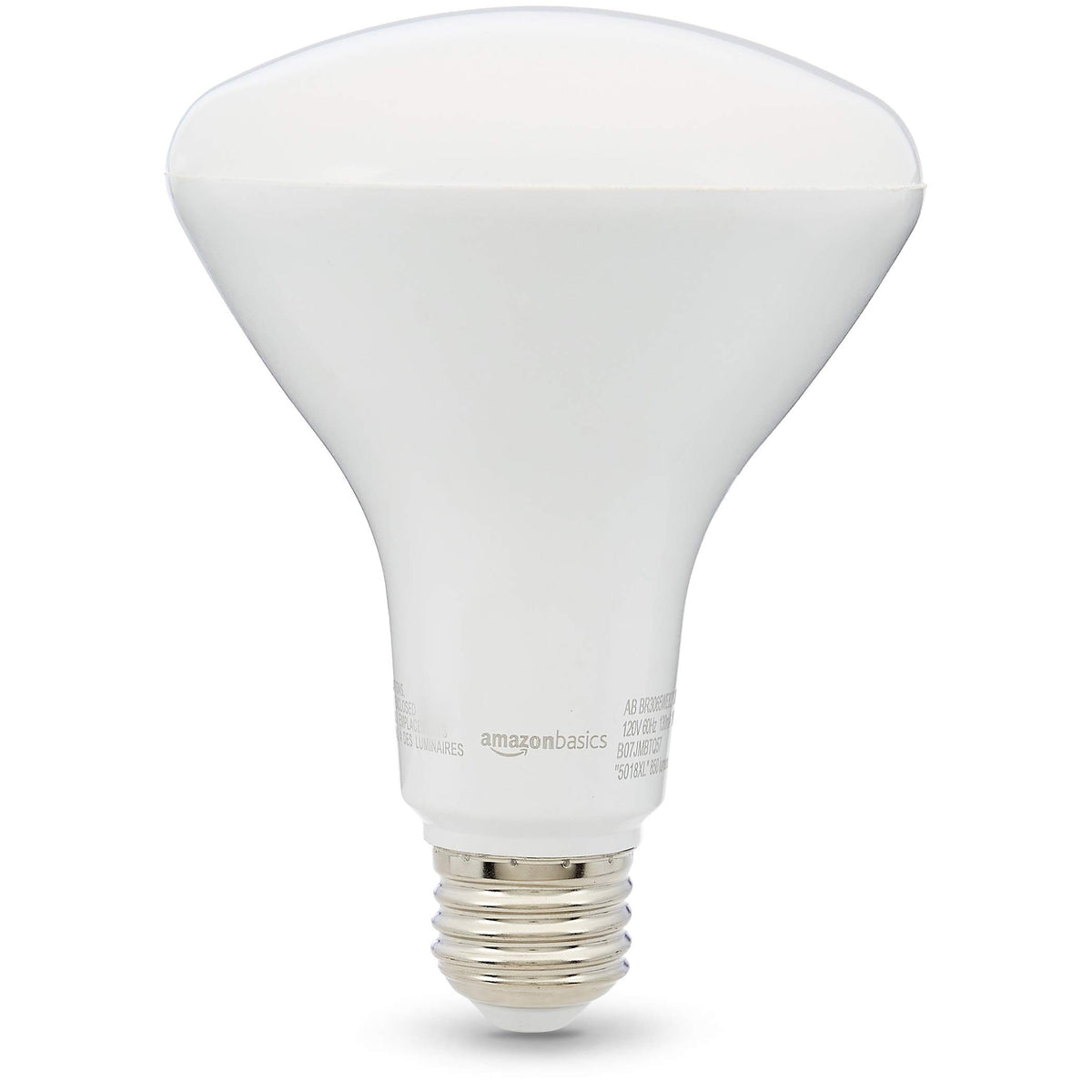 Amazon Basics BR30 LED bulb emits soft white 2700K glow for cozy rooms.