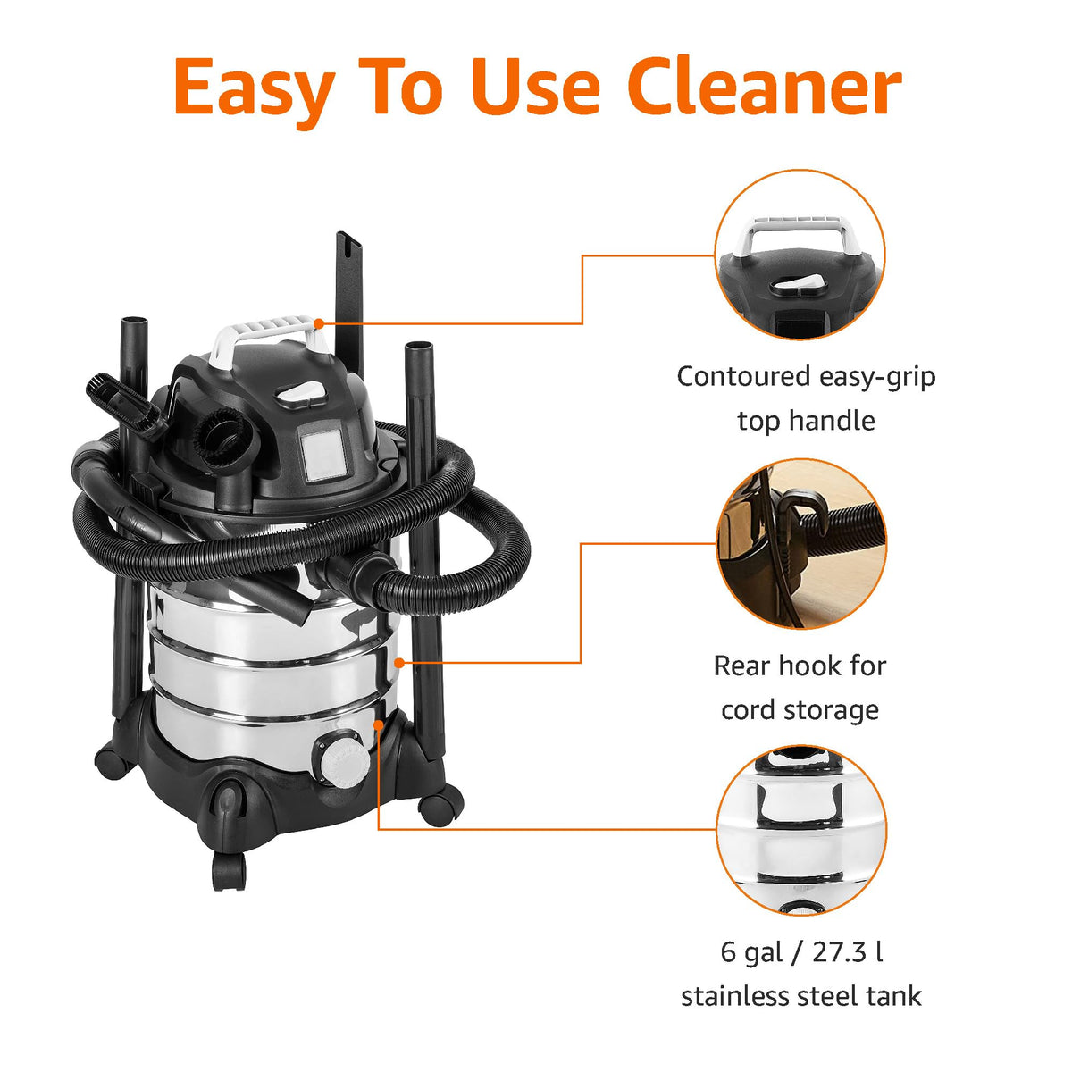 Amazon Basics cartridge and foam filters enable versatile wet and dry mess handling.