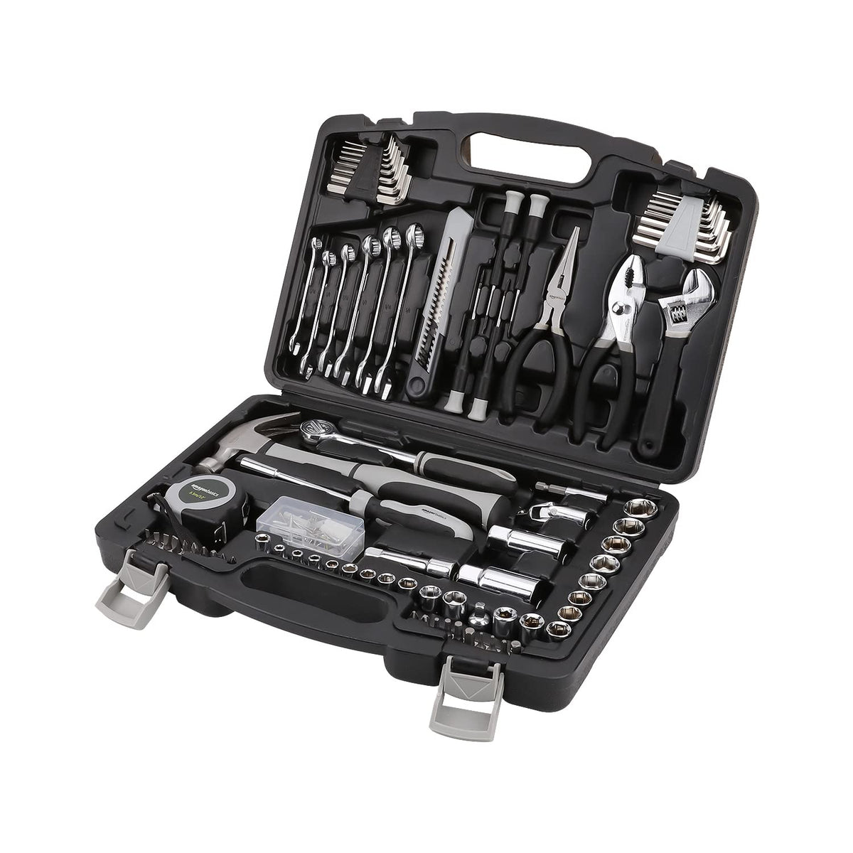 Amazon Basics tool set case open, organized storage for home repairs.