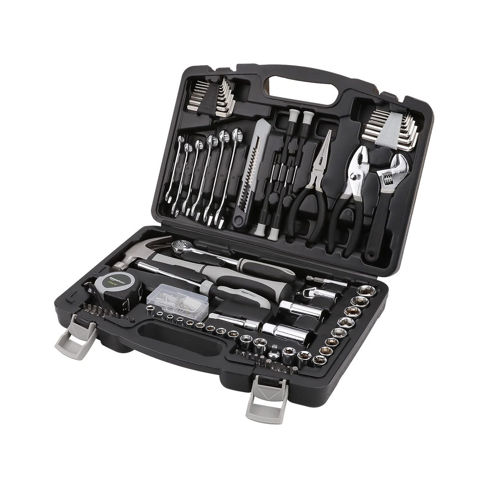 Amazon Basics tool set case open, organized storage for home repairs.