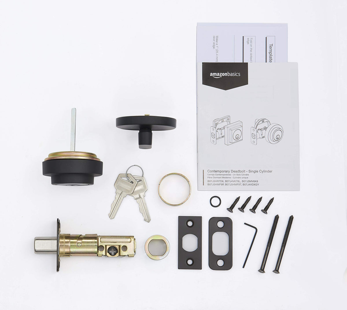 Six-way backset adjustment on Amazon Basics deadbolt for flexible door fit.