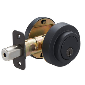 Amazon Basics deadbolt lock installation on a door with matte black finish and quick setup.