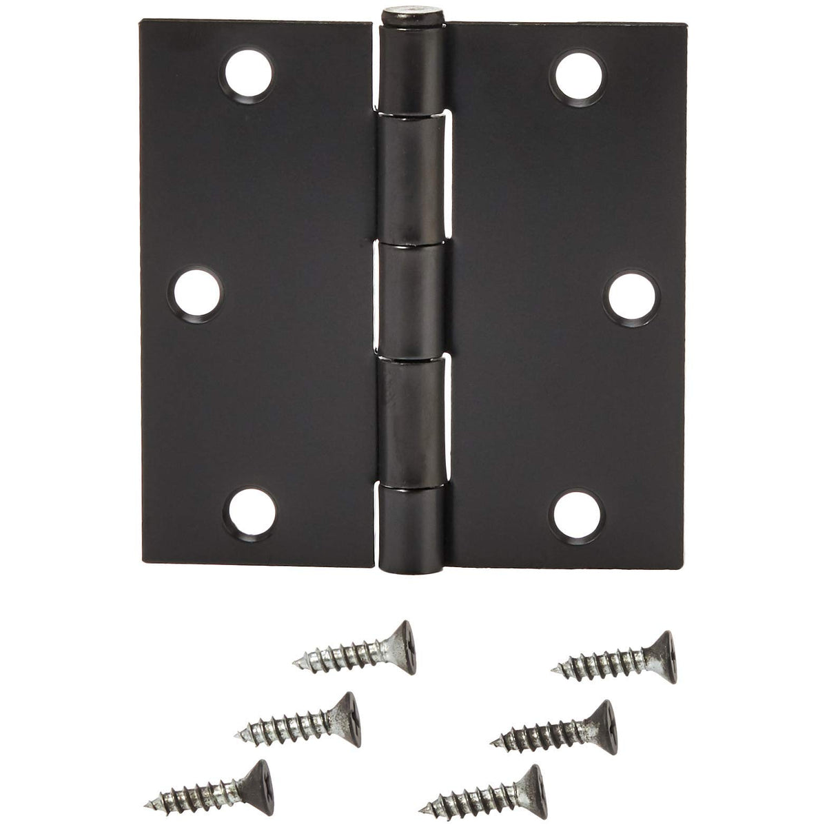 Amazon Basics interior door hinge close-up shows square design for precise fit.