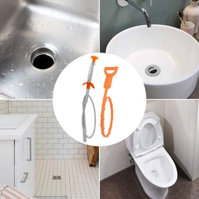 Amazon Basics drain clog remover tool in use inside a drain for quick clearance.