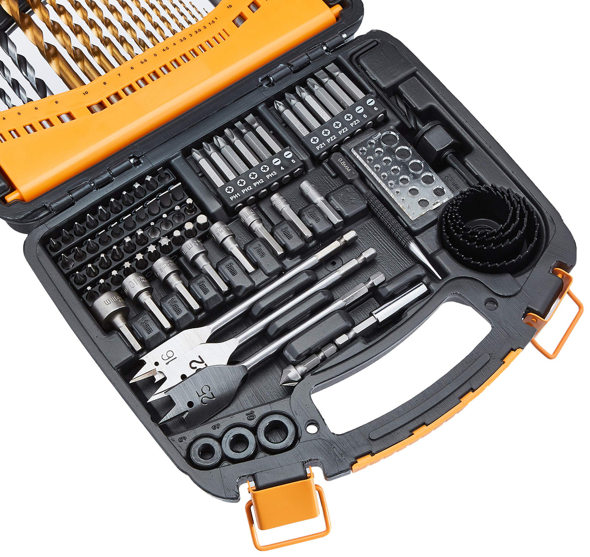 Masonry bits included in the kit for concrete drilling tasks.
