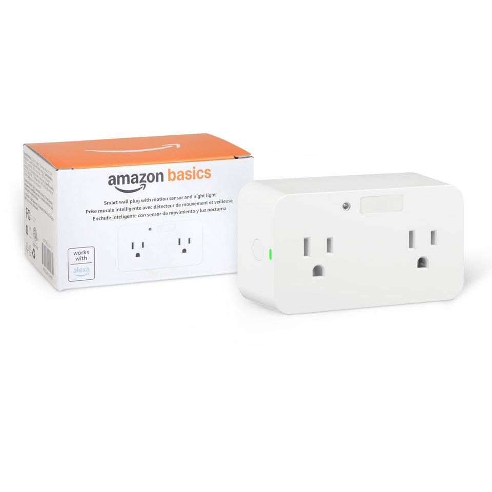 Amazon Basics dual smart plug with motion sensor front view showing two outlets for automation