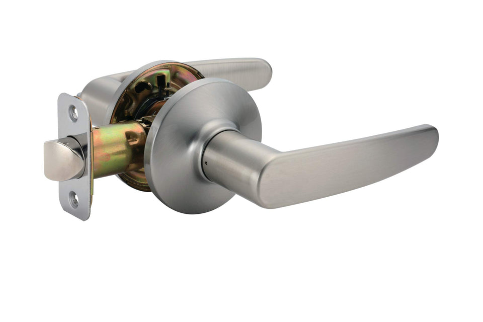 Amazon Basics straight door lever with satin nickel finish, ideal for quick interior door updates.