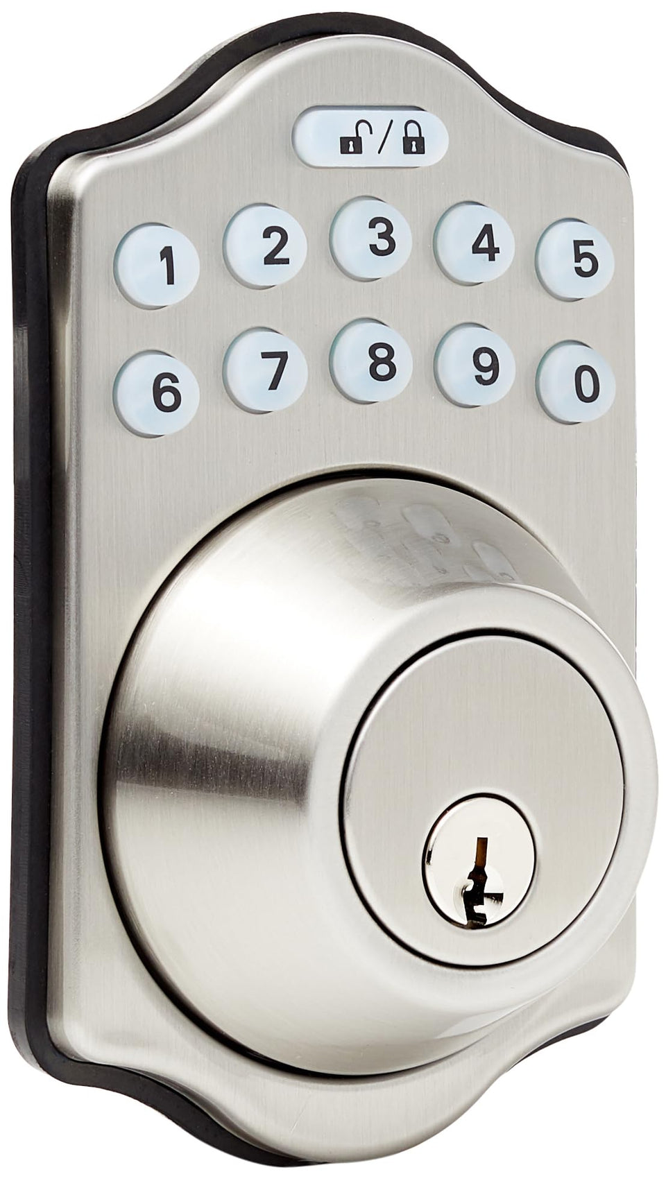 Amazon Basics electronic keypad deadbolt on the front door for convenient entry.