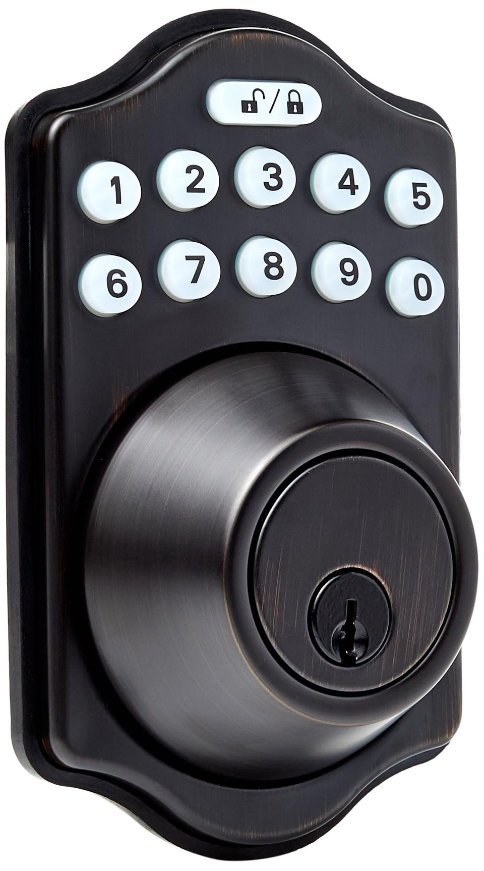 Amazon Basics electronic keypad deadbolt on a front door enables convenient keyless access