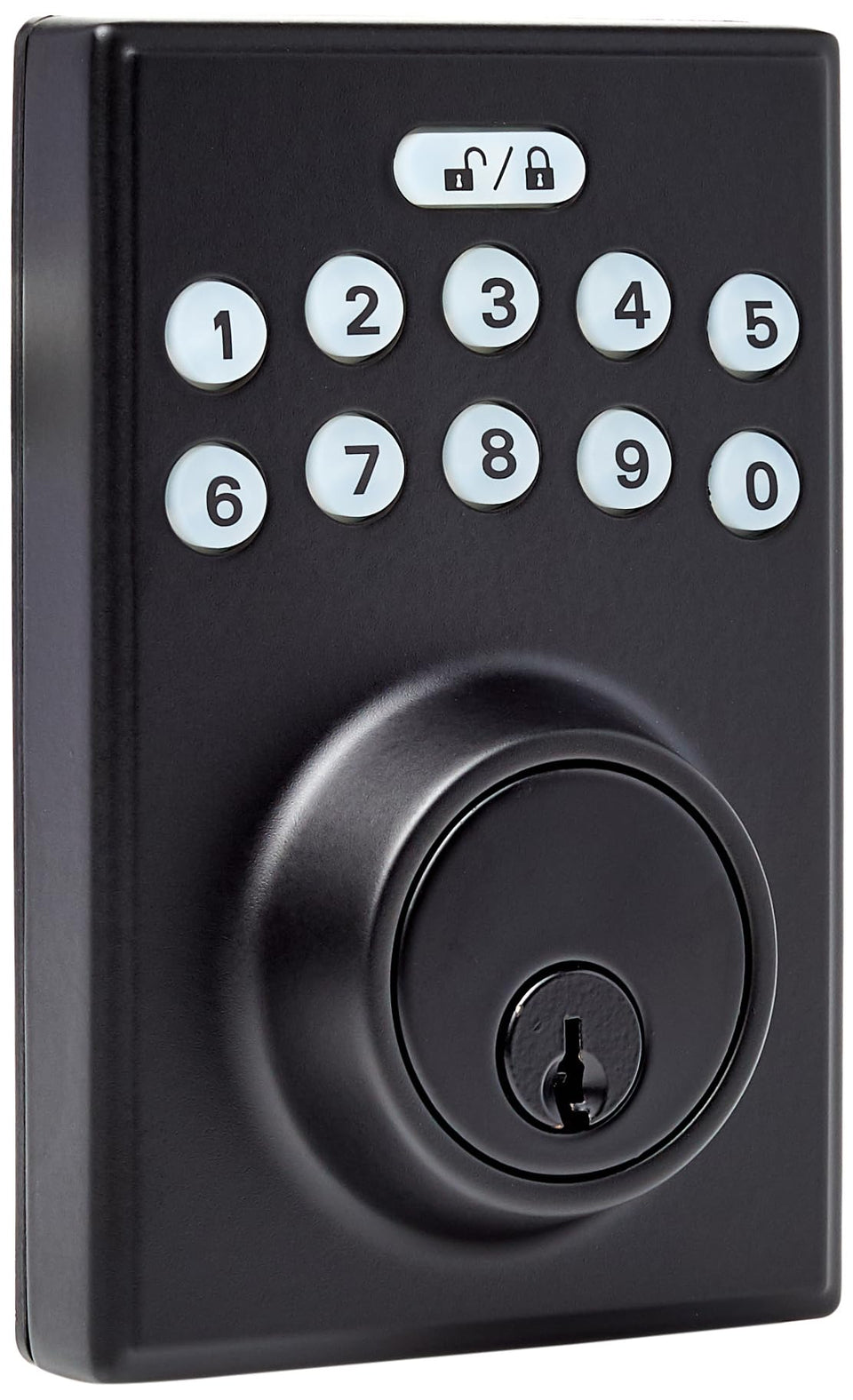 Amazon Basics electronic keypad deadbolt front view with matte black finish for secure entry