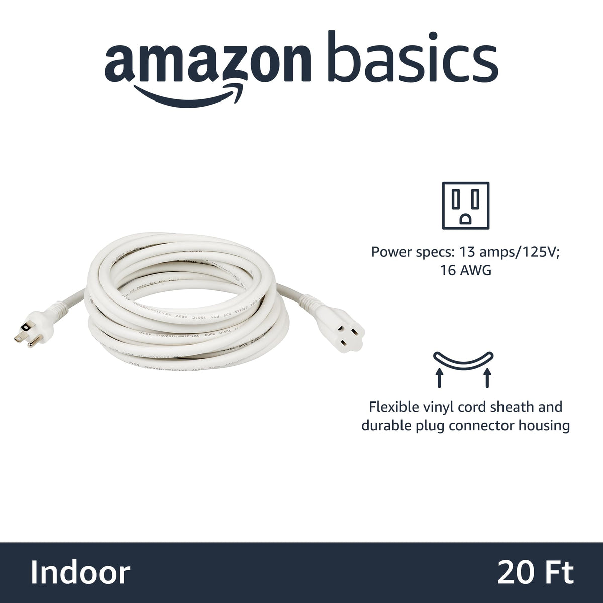 Amazon Basics extension cord 20 ft white coiled for easy storage