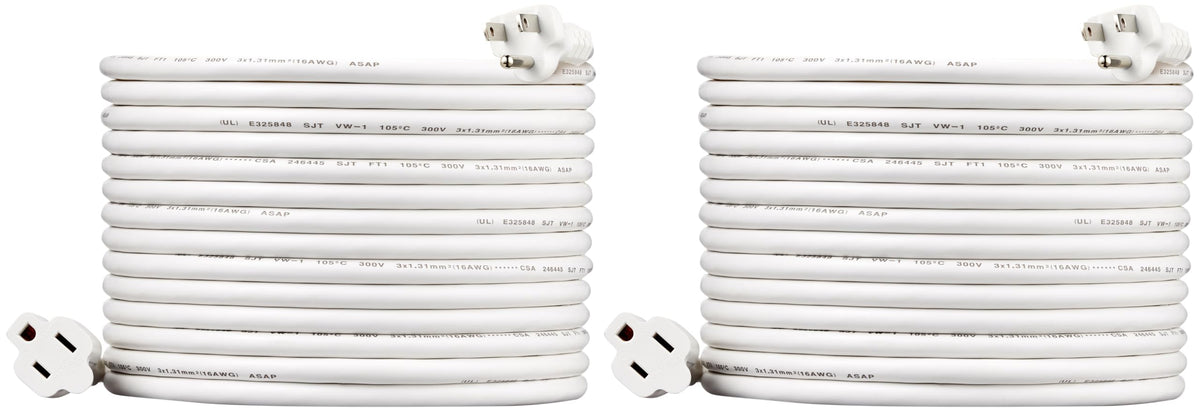 Amazon Basics 25ft extension cord two-pack, white, ideal for indoor electronics and tools.