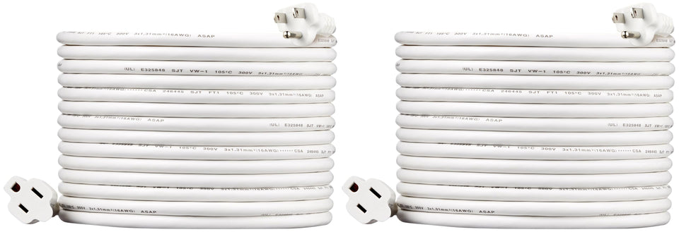 Amazon Basics 25ft extension cord two-pack, white, ideal for indoor electronics and tools.