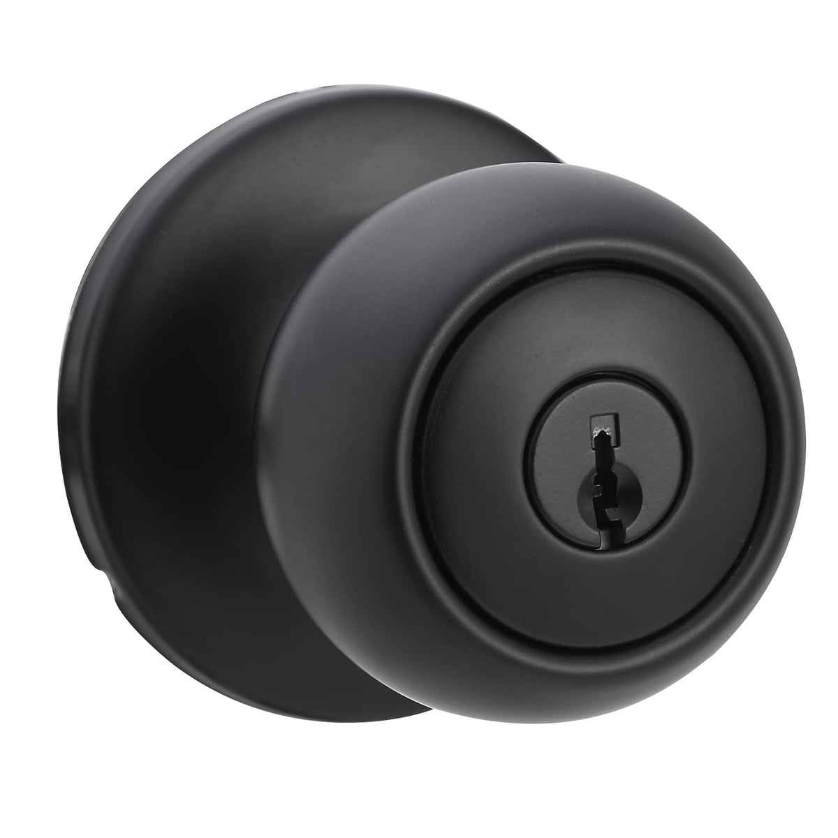 Amazon Basics exterior door knob coastal matte black closeup shows brass body and steel core for durability.