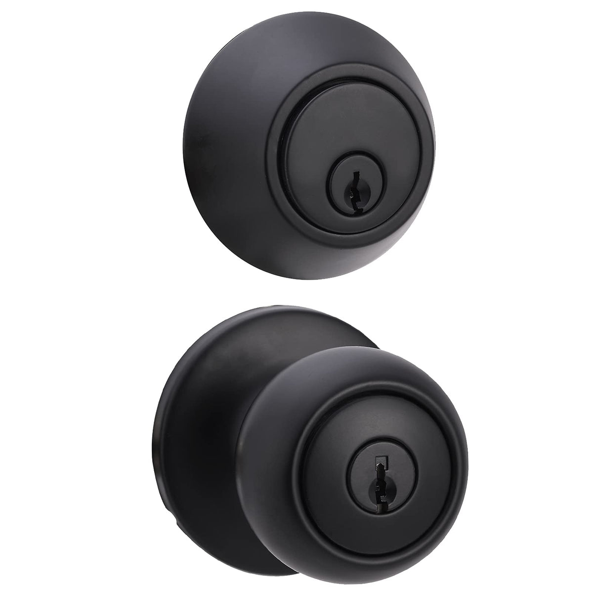 Amazon Basics exterior door knob coastal matte black front view for secure entry
