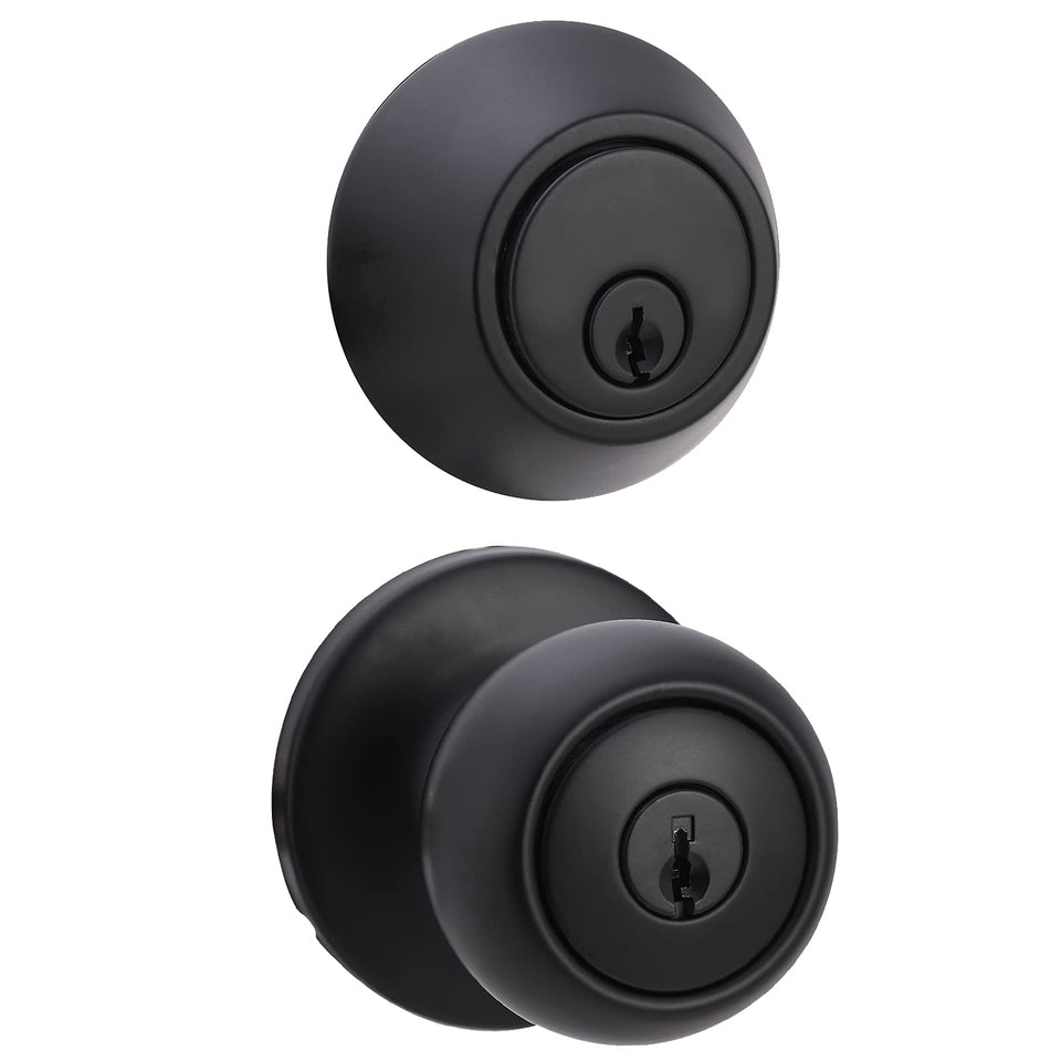 Amazon Basics exterior door knob coastal matte black front view for secure entry