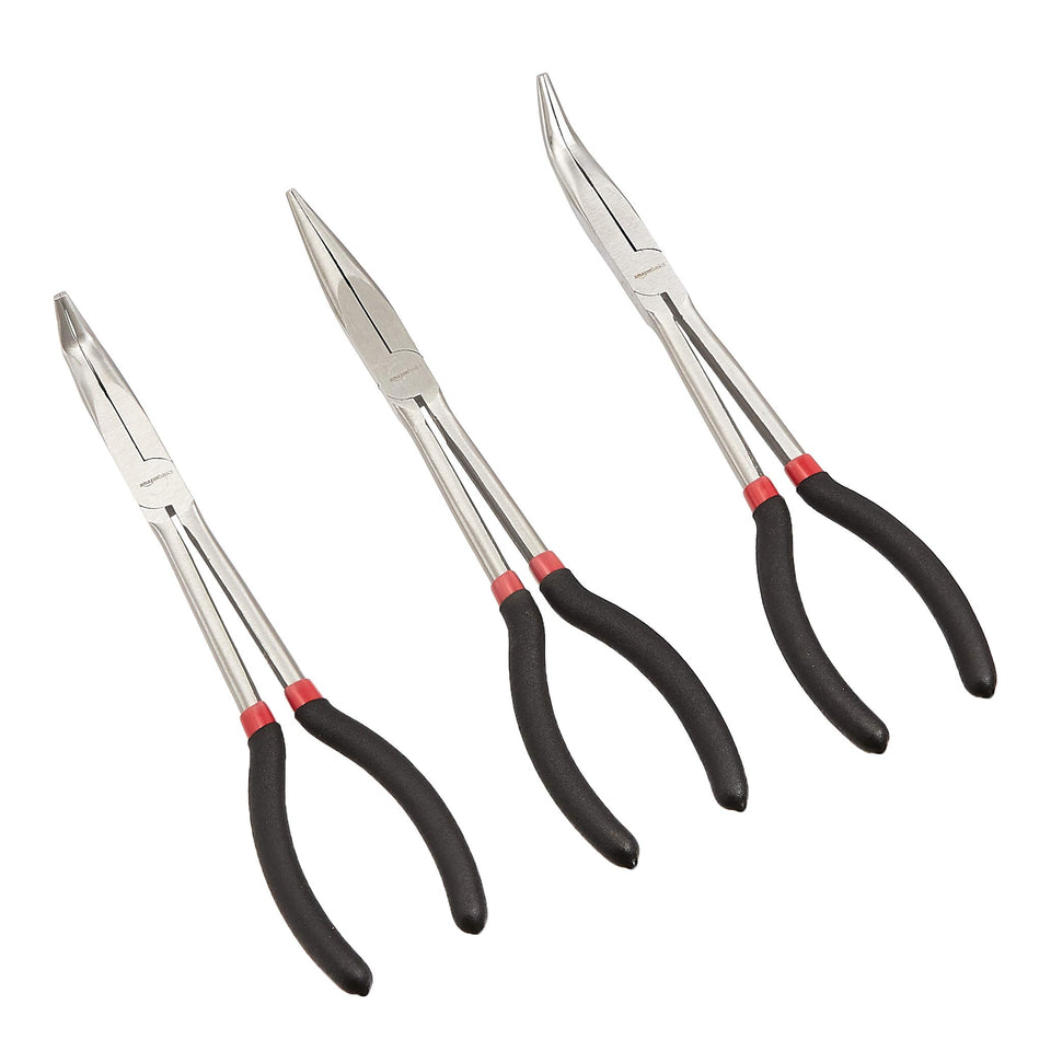 Amazon Basics needle-nose pliers 90-degree angle for reaching around obstacles with precision.