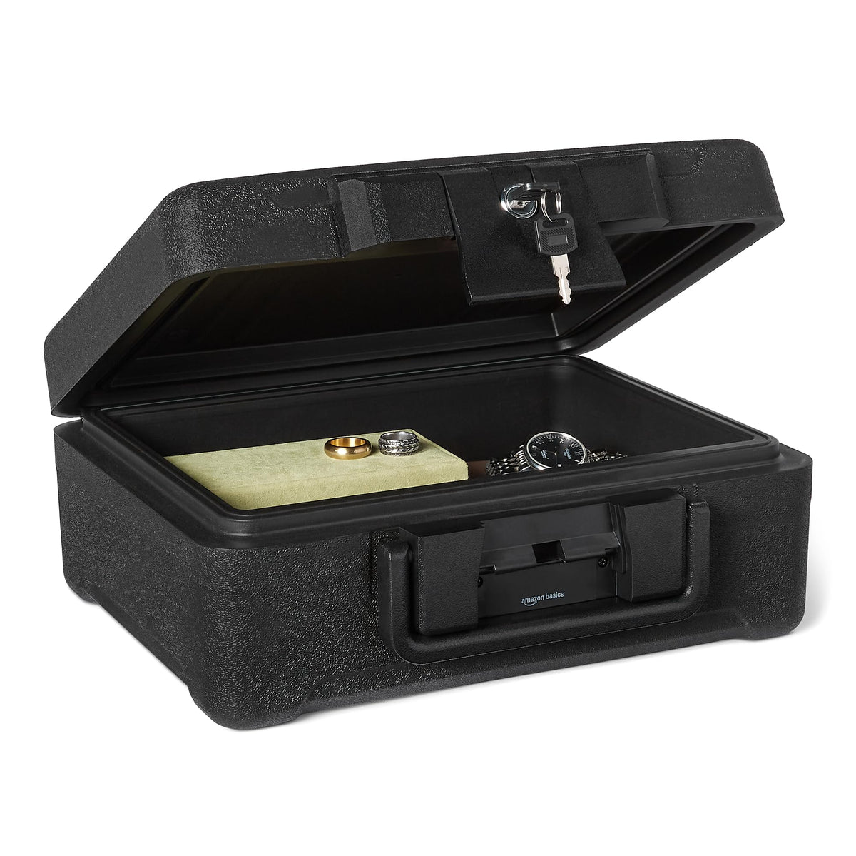 Amazon Basics fire chest front view showing compact 0.22 cu ft storage for valuables.