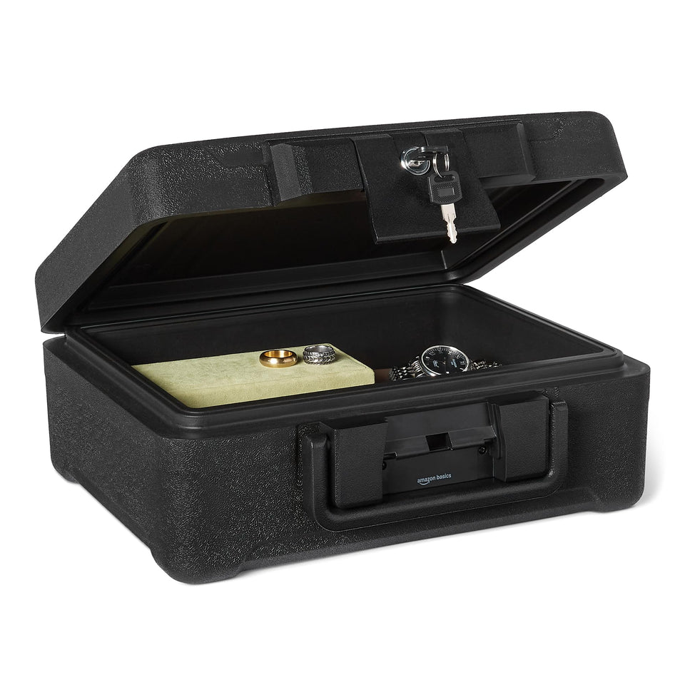 Amazon Basics fire chest front view showing compact 0.22 cu ft storage for valuables.