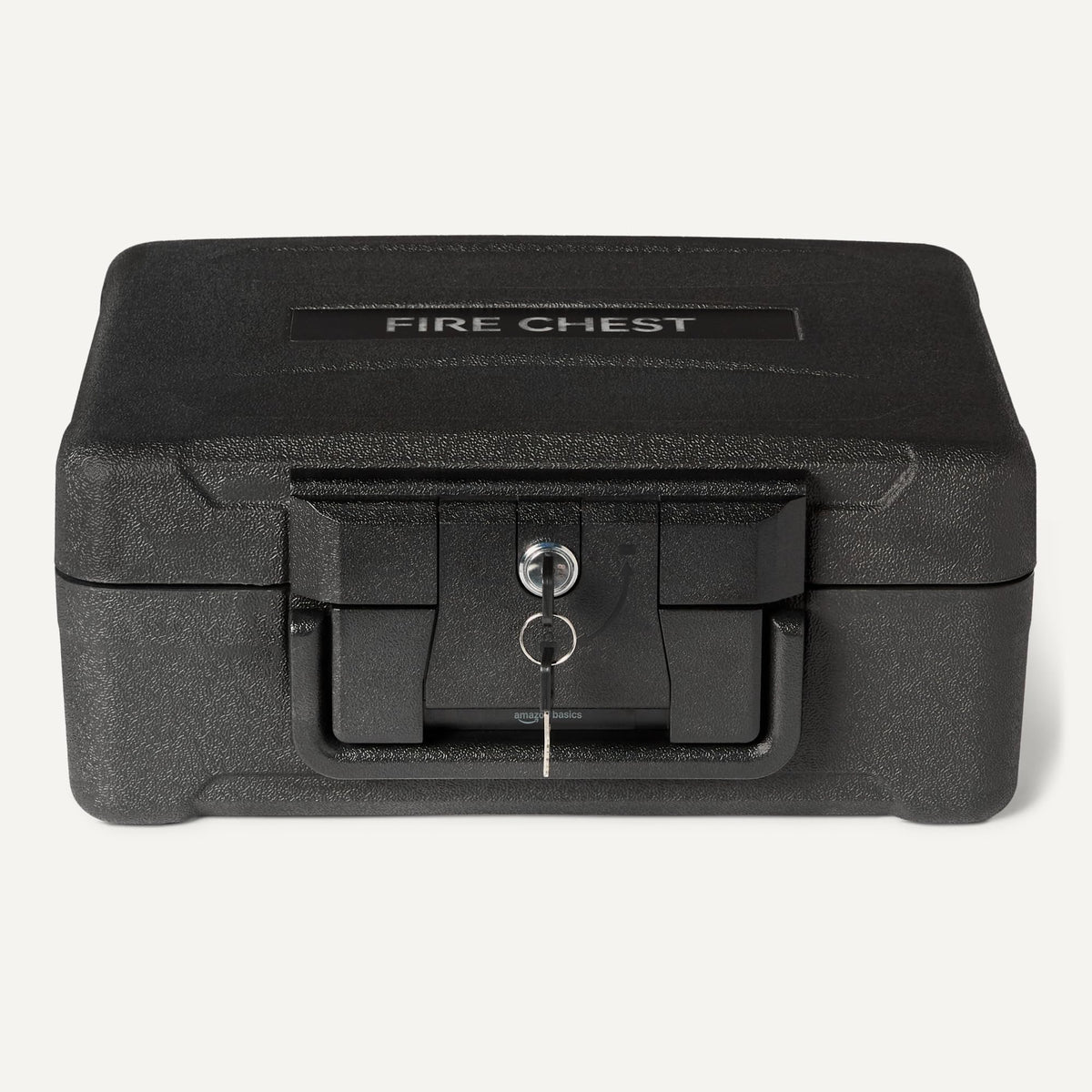 Amazon Basics fire chest with key lock highlighting mechanical security and two keys.