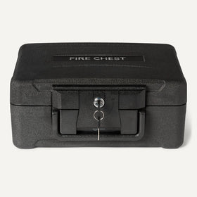 Amazon Basics fire chest with key lock highlighting mechanical security and two keys.