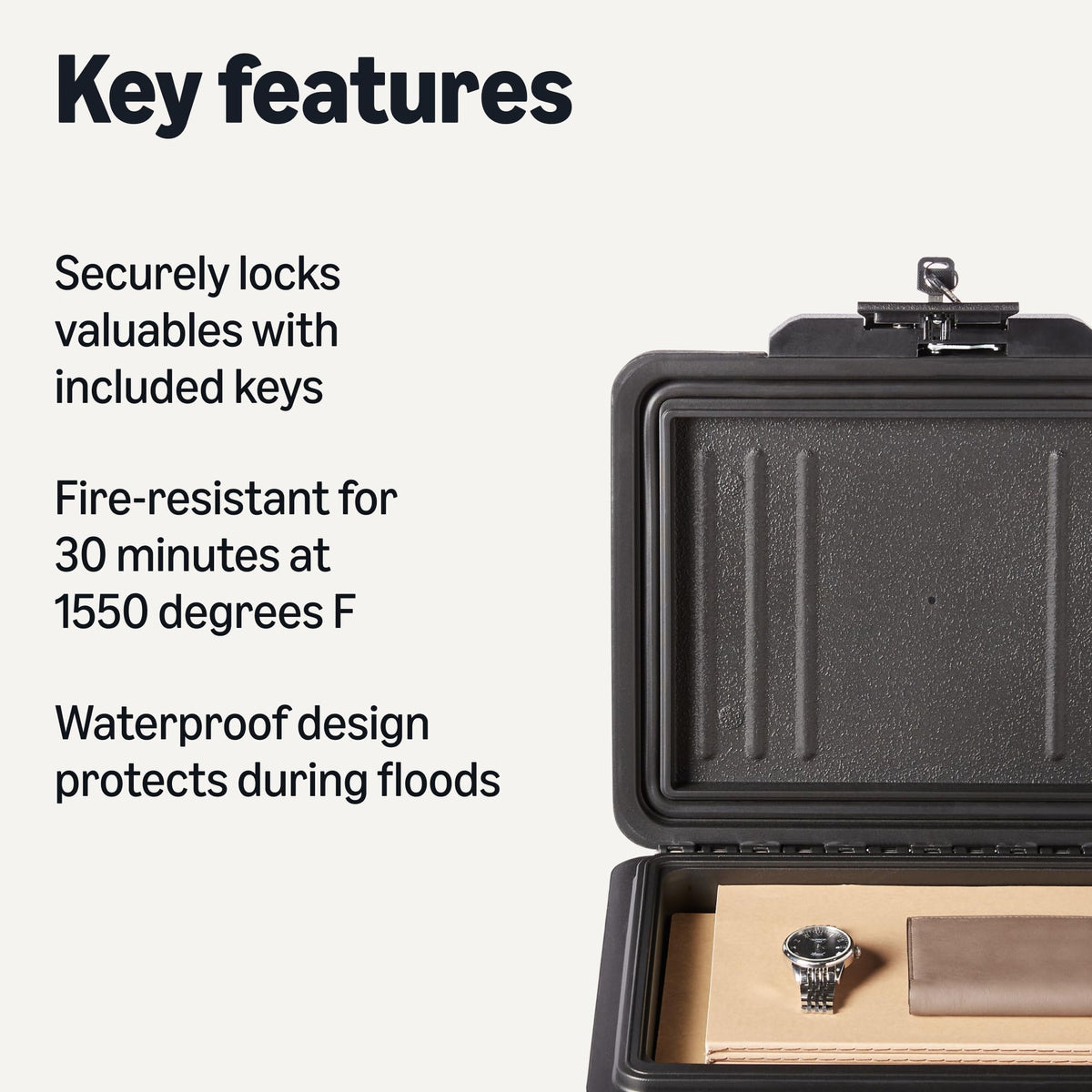 Amazon Basics fire chest open lid displaying easy access to stored items.