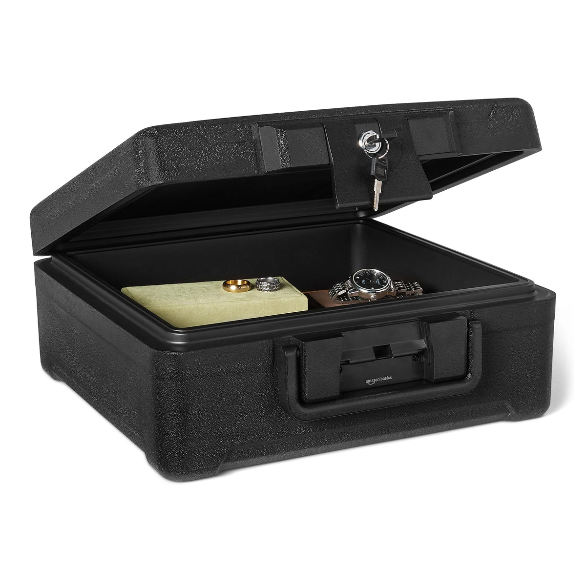 Amazon Basics fire-resistant chest front view showing compact security for documents and valuables