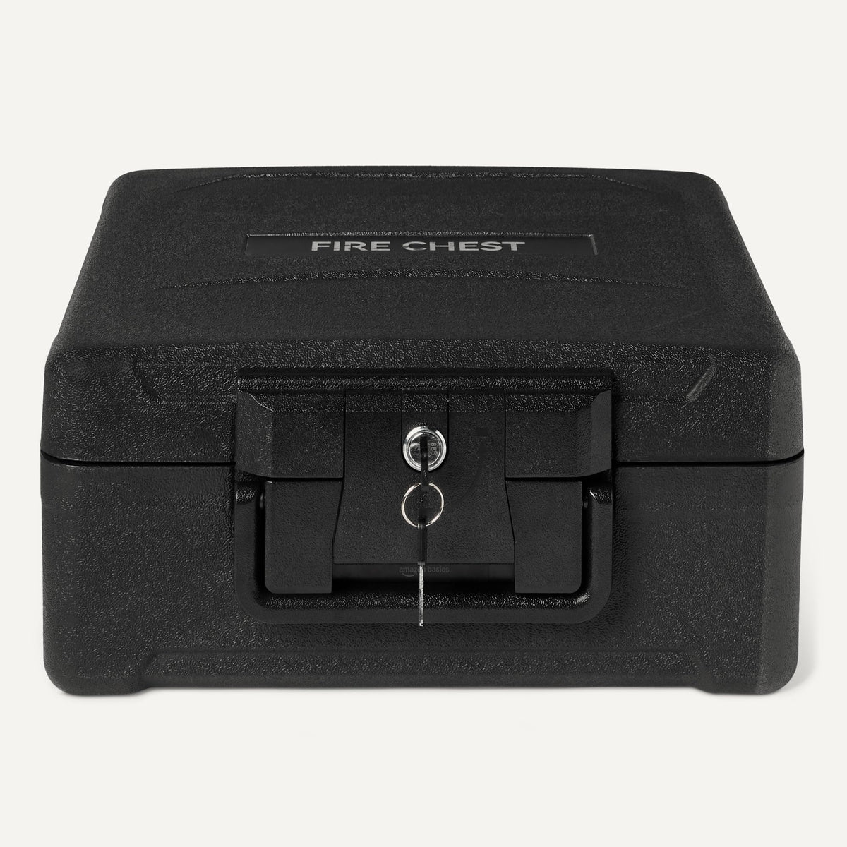 Amazon Basics fire-resistant chest with mechanical lock and two keys for backup access