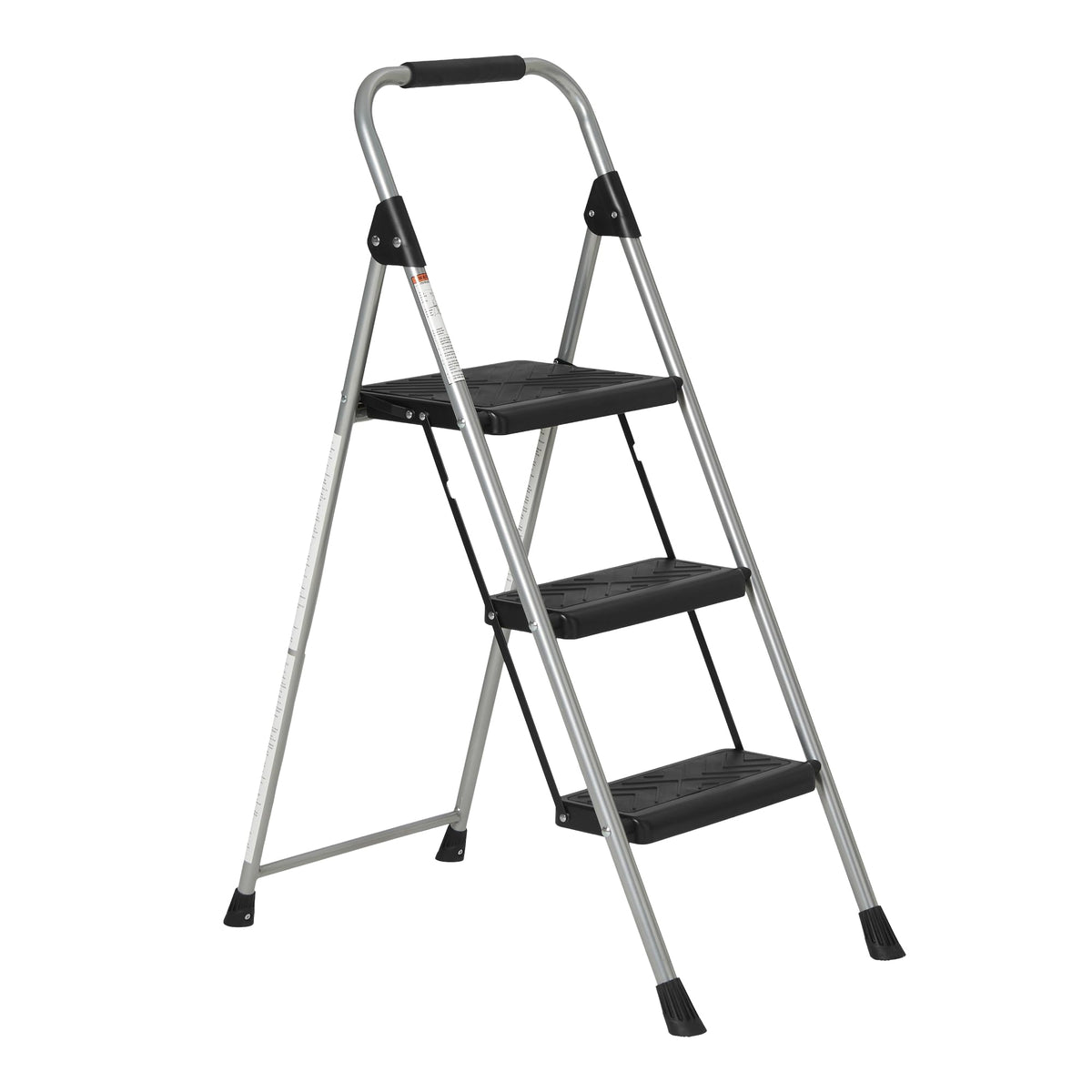 Amazon Basics folding 3-step ladder, fully assembled for quick access to high shelves.