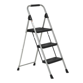 Amazon Basics folding 3-step ladder, fully assembled for quick access to high shelves.