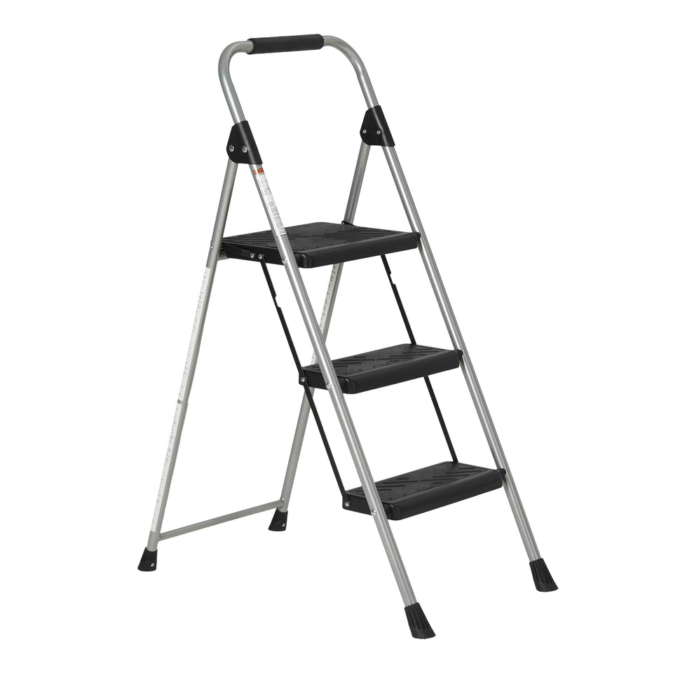 Amazon Basics folding 3-step ladder, fully assembled for quick access to high shelves.