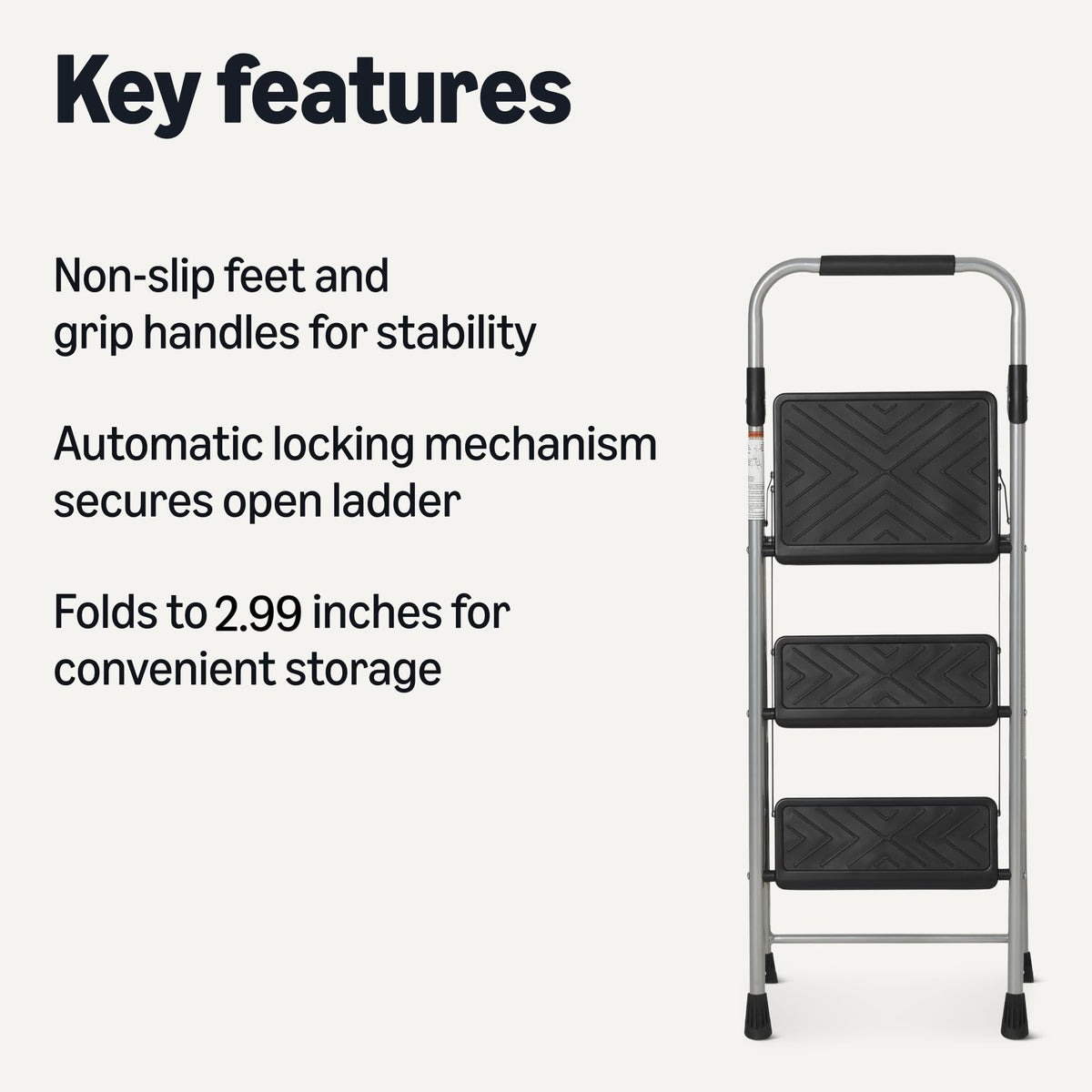 Amazon Basics folding 3-step ladder with wide textured steps for stable footing.