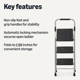 Amazon Basics folding 3-step ladder with wide textured steps for stable footing.