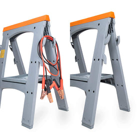 Amazon Basics sawhorse with fold-out stoppers doubling as storage shelf.