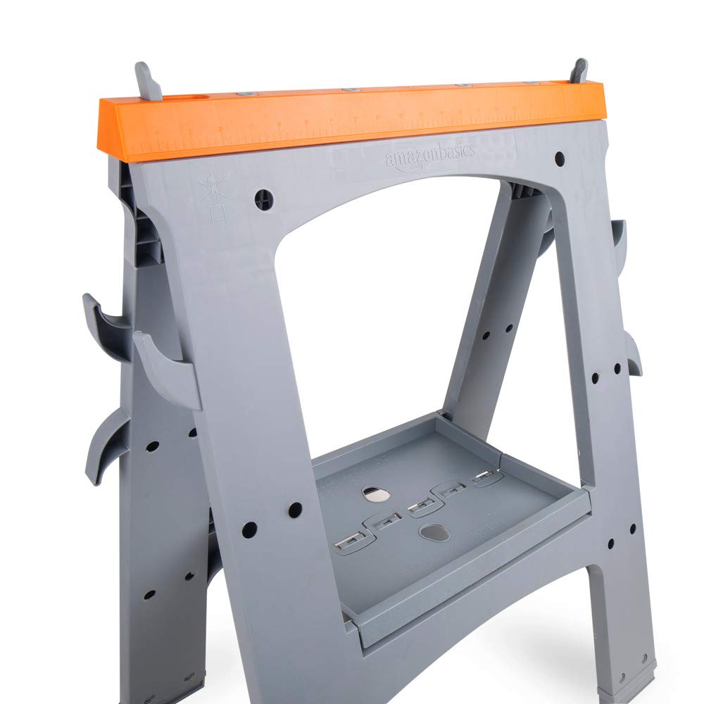 Amazon Basics sawhorse shows locking braces and non-slip feet for stability.