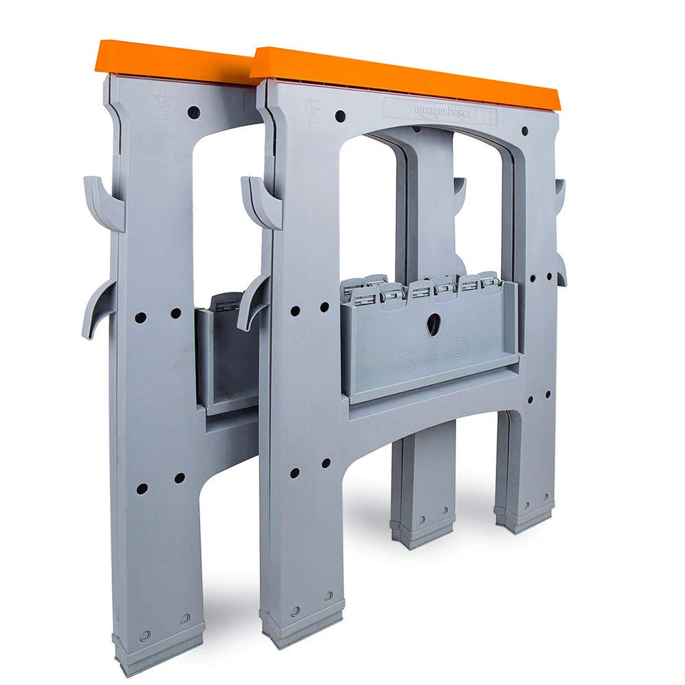 Amazon Basics folding sawhorse set of 2 folded for compact carrying.