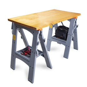 Amazon Basics sawhorse highlighting four top and two bottom hooks for materials.