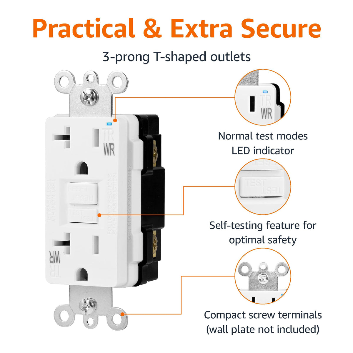 Amazon Basics GFCI receptacle with LED indicator highlights self-test readiness.