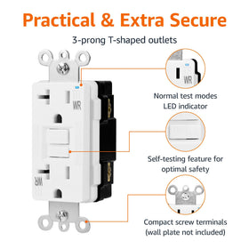 Amazon Basics GFCI receptacle with LED indicator highlights self-test readiness.