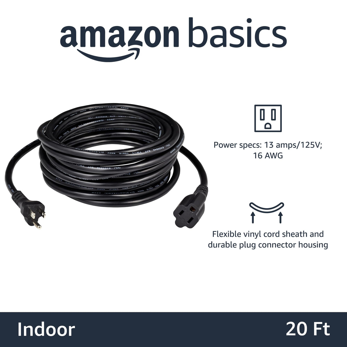 Amazon Basics indoor extension cord with 3-prong plug compatible with standard outlets