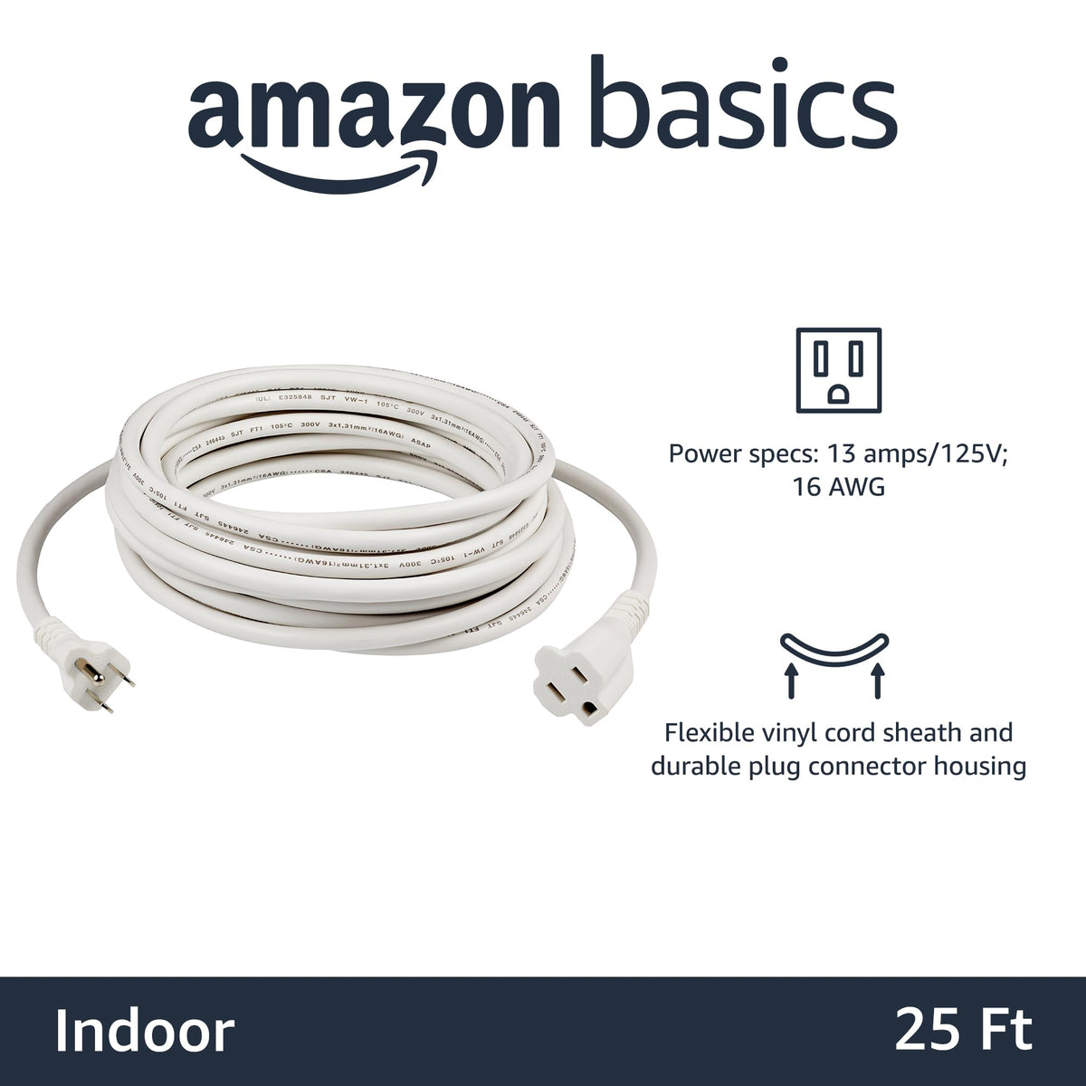 Amazon Basics indoor extension cord in use, 3-prong plug powering a lamp.
