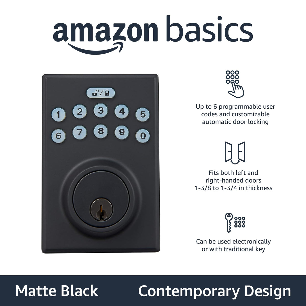 Amazon Basics keypad close-up highlights touch-control convenience and six programmable user codes