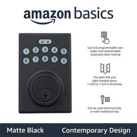 Amazon Basics keypad close-up highlights touch-control convenience and six programmable user codes