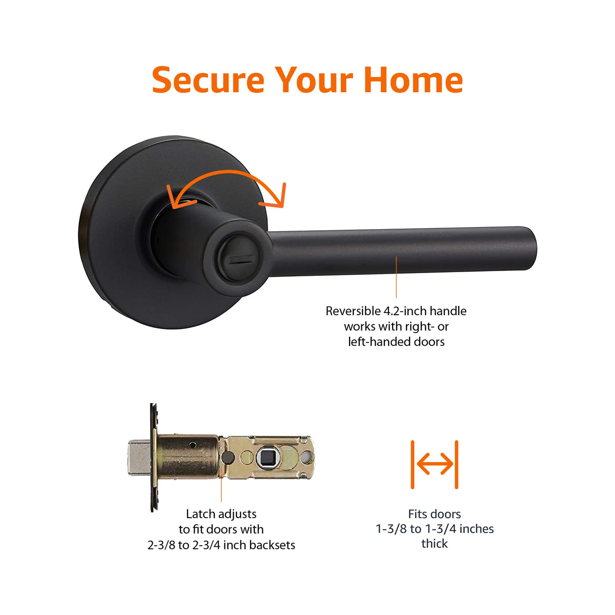Amazon Basics Madison door lever privacy matte black installed on door, reversible design.