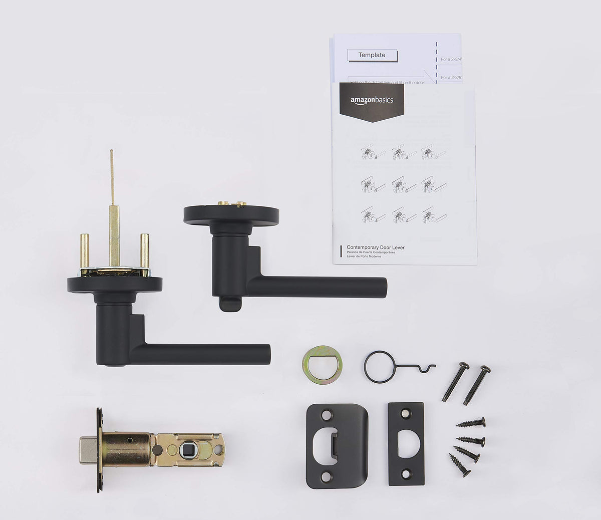 Amazon Basics Madison door lever privacy matte black latch adjustment showing backset compatibility.