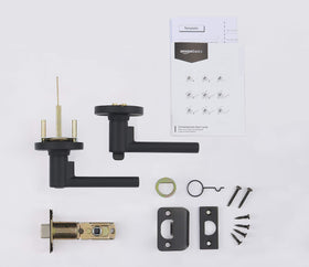 Amazon Basics Madison door lever privacy matte black latch adjustment showing backset compatibility.
