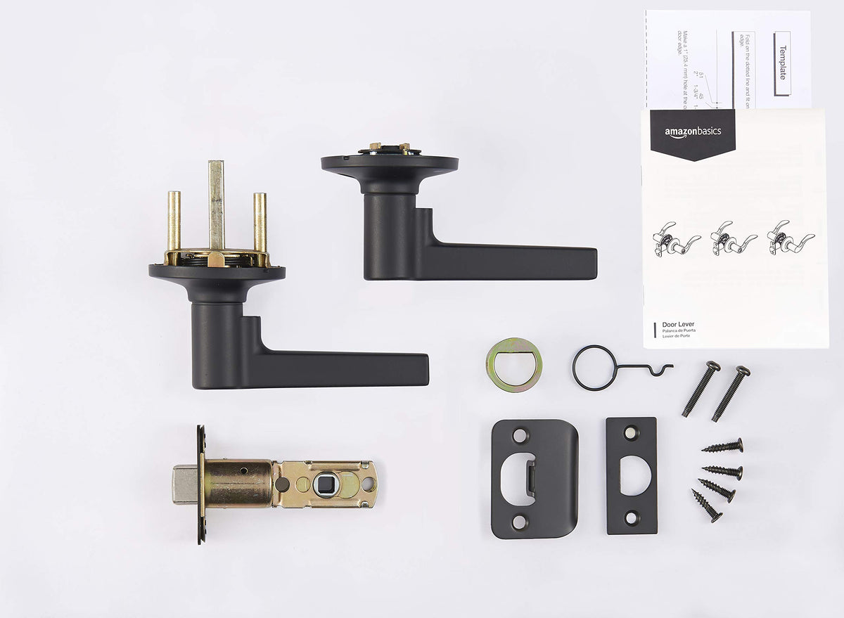 Amazon Basics Manchester passage lever installation guide, shows screwdriver-friendly setup