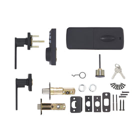 Amazon Basics matte black door lock finish shown on a contemporary entryway